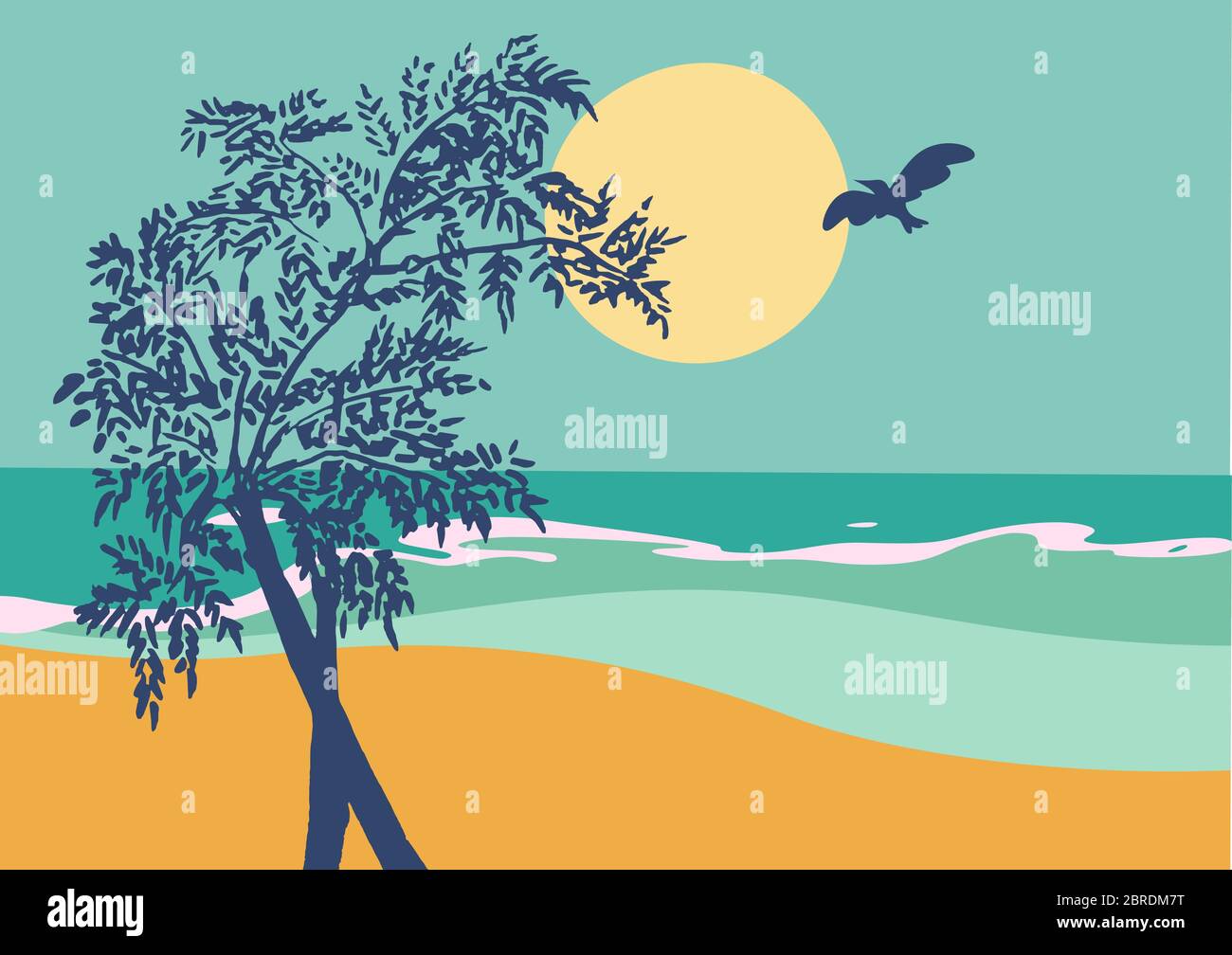 Vector illustration of a tree silhouette at colorful sunset beach Stock ...