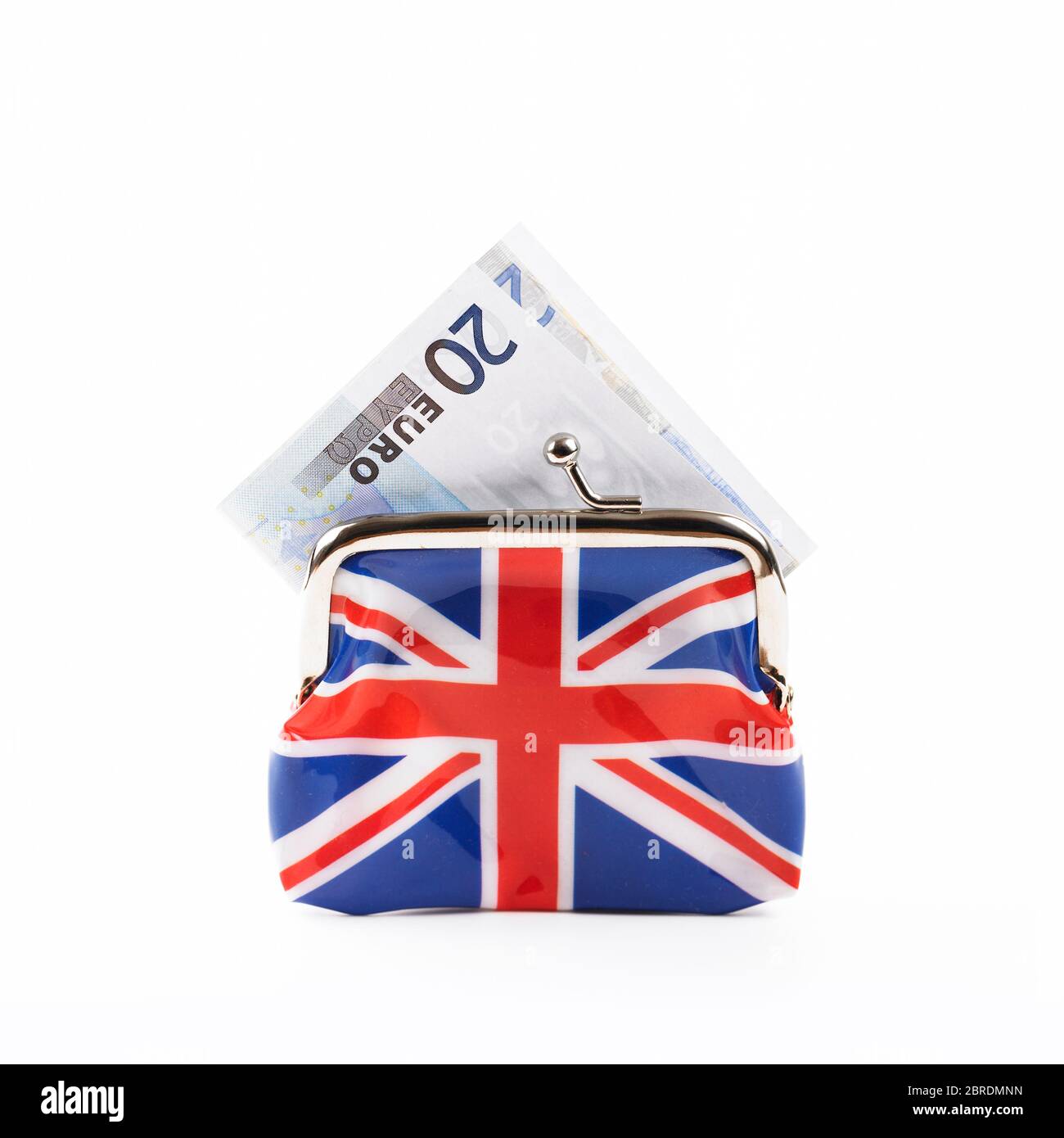 20 Euro notes stuffed into Union Jack clasp purse Stock Photo