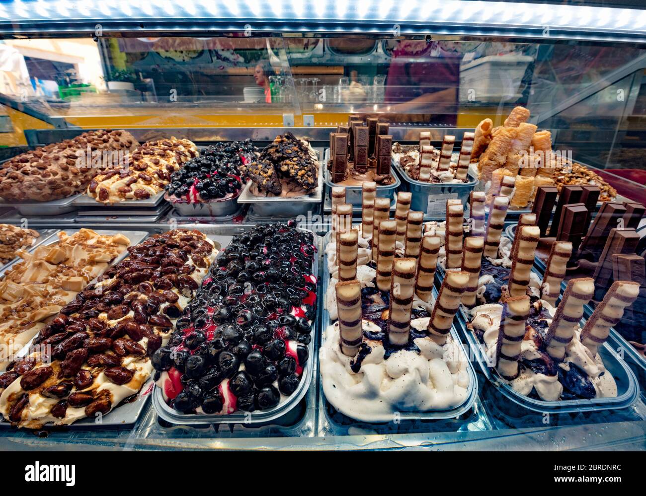 Ice cream seller cabinet display,Corfu old town,Kerkyra,Corfu,Greece,ionian islands Stock Photo