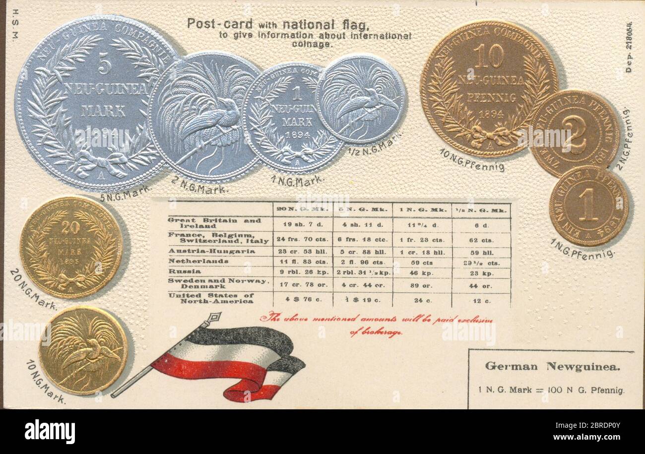 Educational postcard with national flag showing coinage for German New-guinea circa 1903 Stock Photo