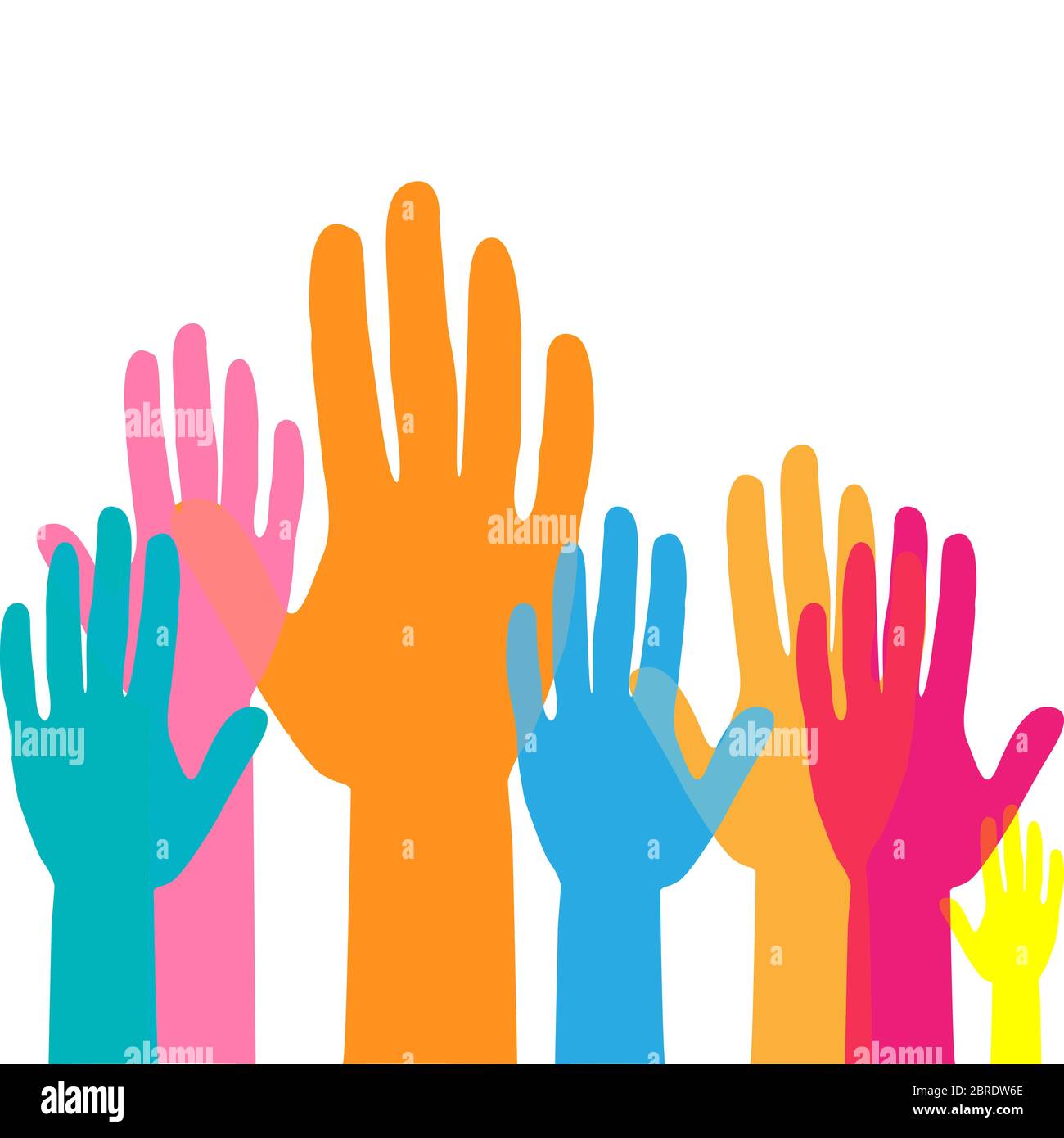 Colorful up hands. Raised hands volunteering. team work concept Stock ...