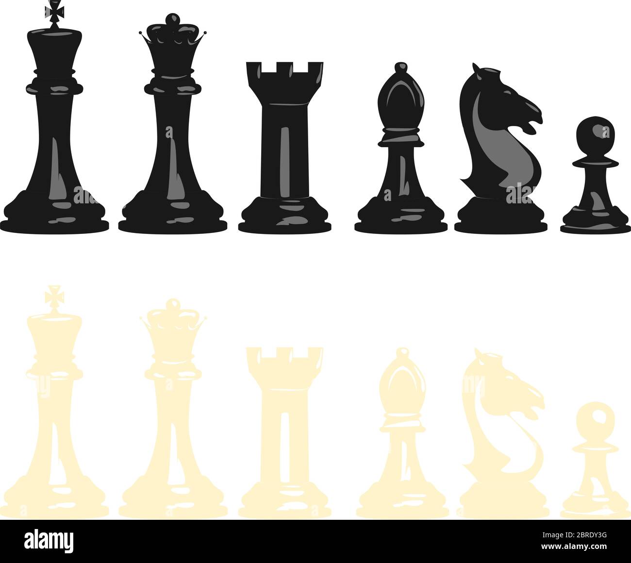 Vector illustration set of chess pieces, blacks and whites, contains all pieces: king, queen, tower, bishop, knight and pawn. Stock Vector