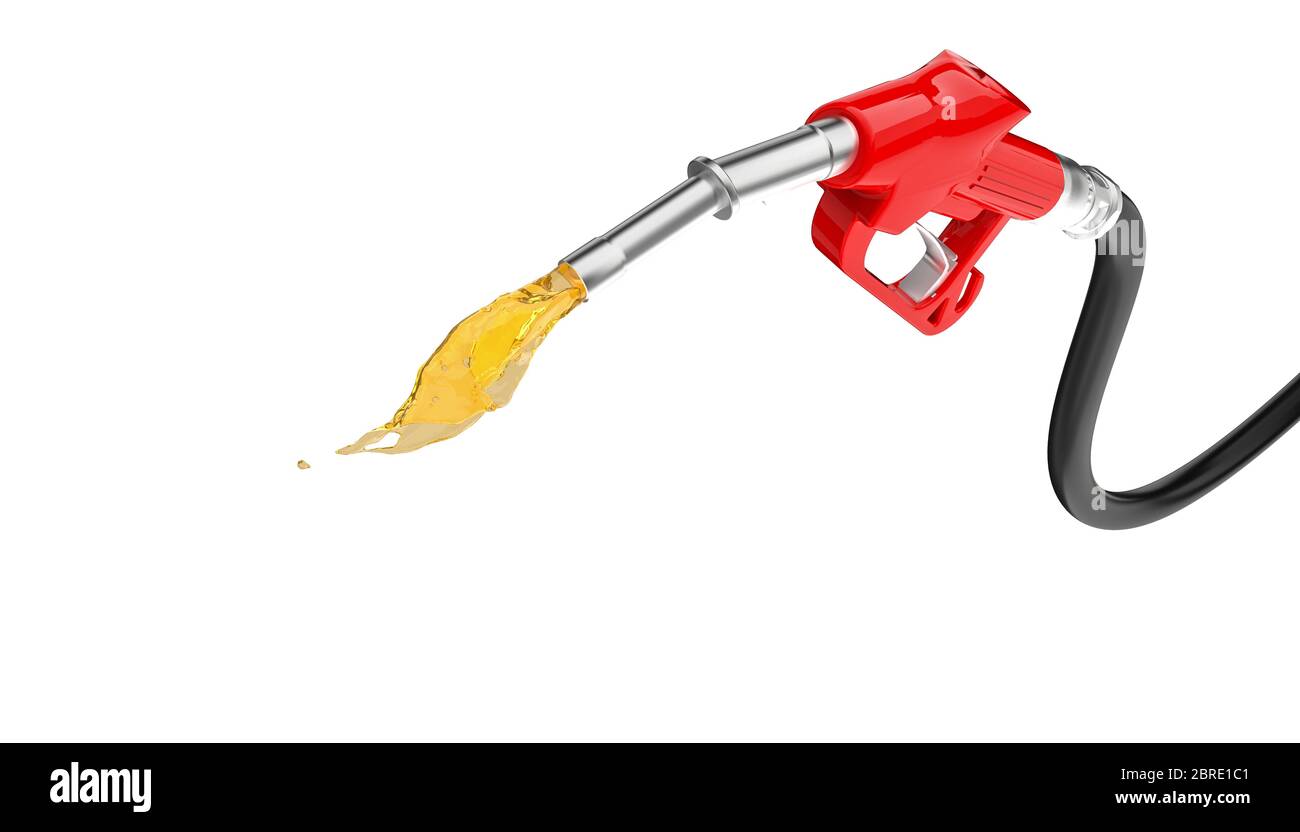red petrol pump from which gasoline comes out isolated on white background. nobody around. 3d render. Stock Photo
