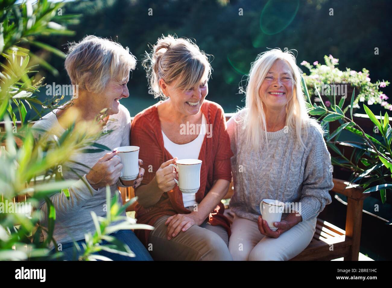 Senior women friends with coffee sitting outdoors on terrace, resting. Stock Photo