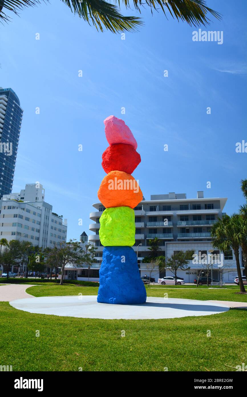 MIAMI BEACH, USA - APRIL 1, 2017 : Miami Mountain, the artwork installed in Collins Park in South Beach by The Bass museum. Ugo Rondinone is the desig Stock Photo