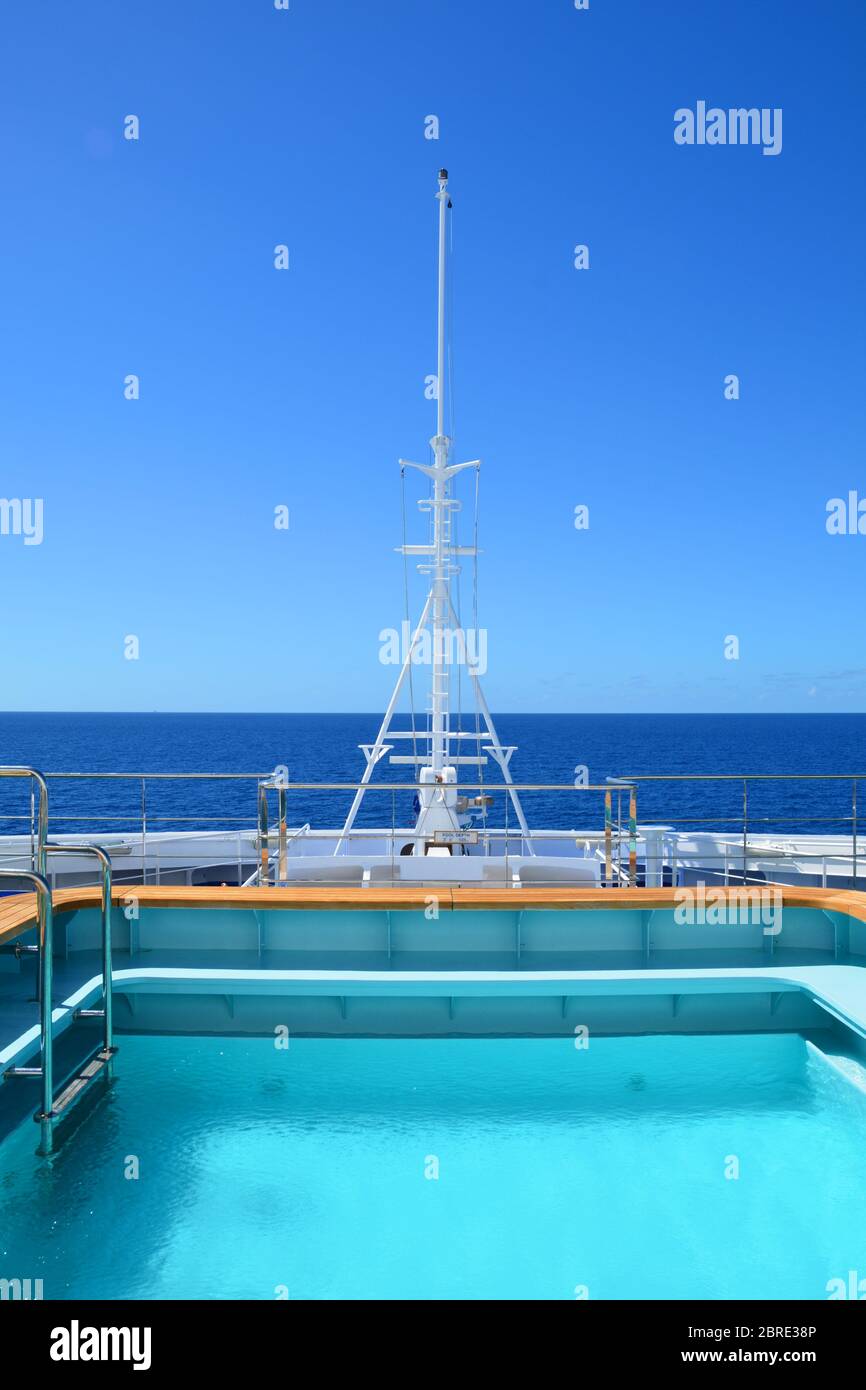 Pool on cruise ship bow. Scenic view on sea Stock Photo