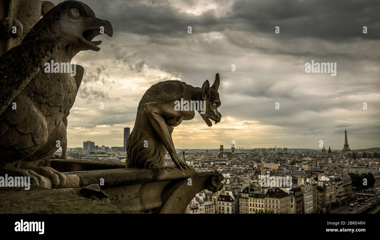 Gargoyles or chimeras on the Cathedral of Notre Dame de Paris overlooking Paris, France. Gargoyles are the famous Gothic landmarks in Paris. Dramatic Stock Photo