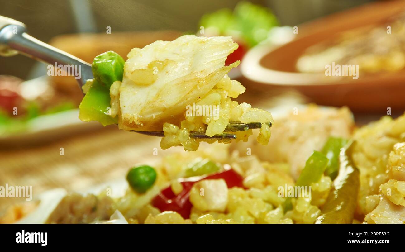 Smoked Spanish paprika paella with cod close up Stock Photo Alamy