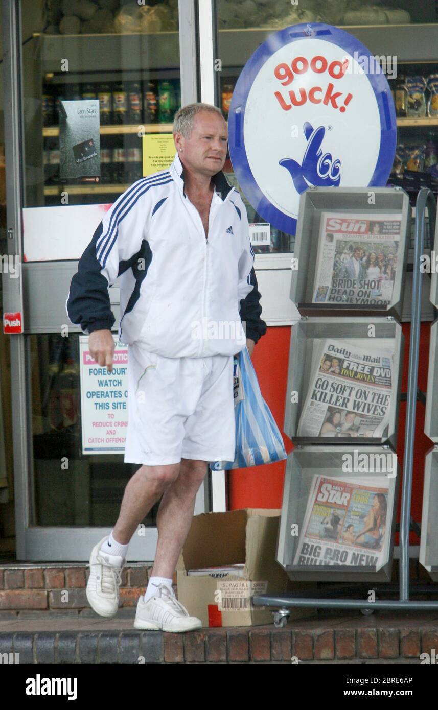Footballer Paul Gascoigne buys newspapers at petrol station and golfing