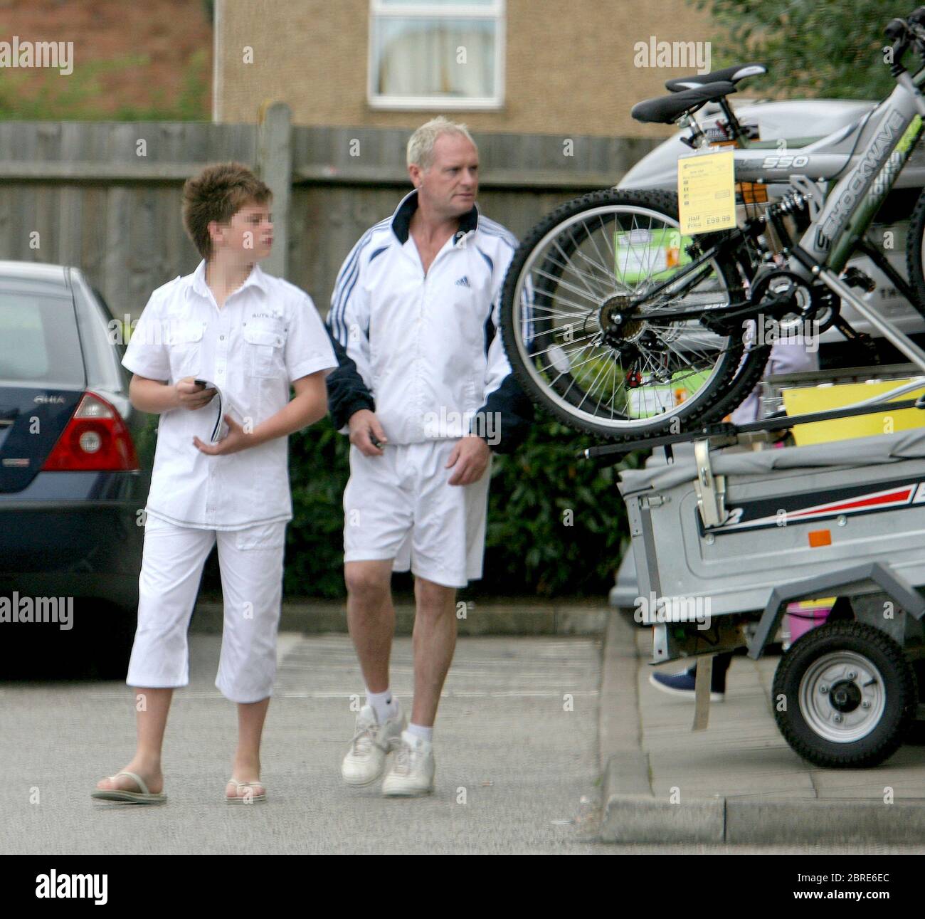 Footballer Paul Gascoigne buys newspapers at petrol station and golfing