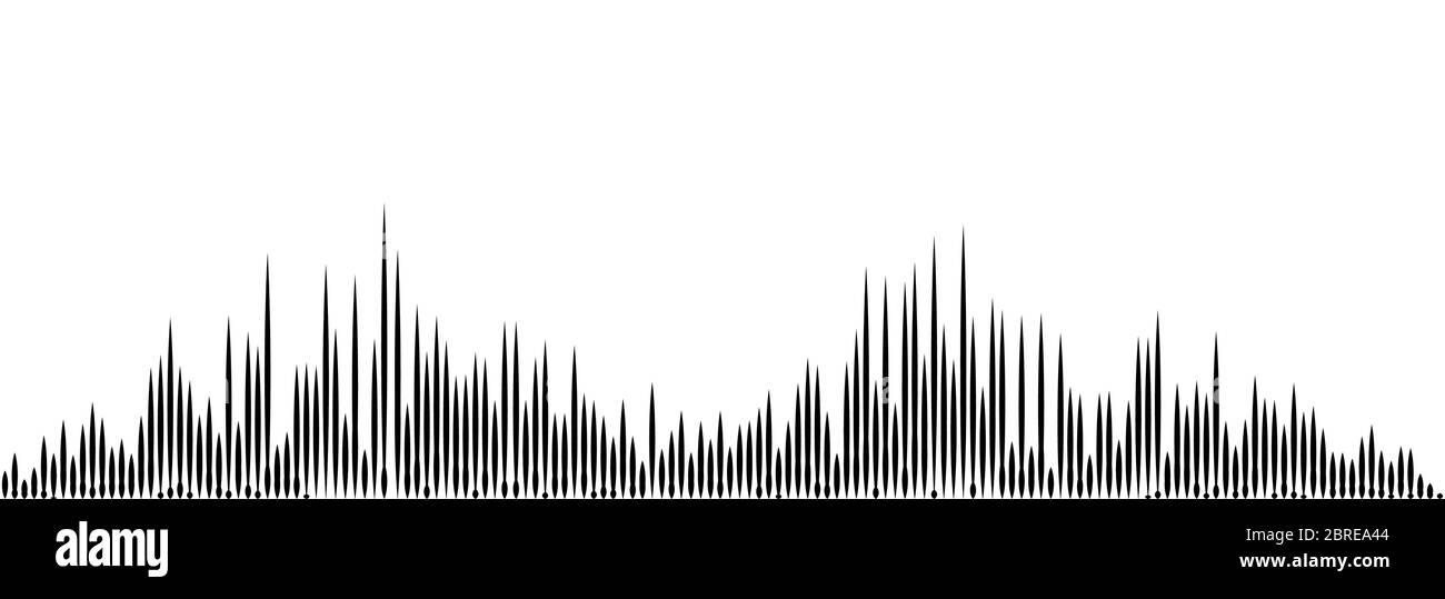 Audio playback, rating bar, skyscrapers panorama, tune sound waves vector illustration. Soundtrack recording, music vibrations icon. Black and white Stock Vector