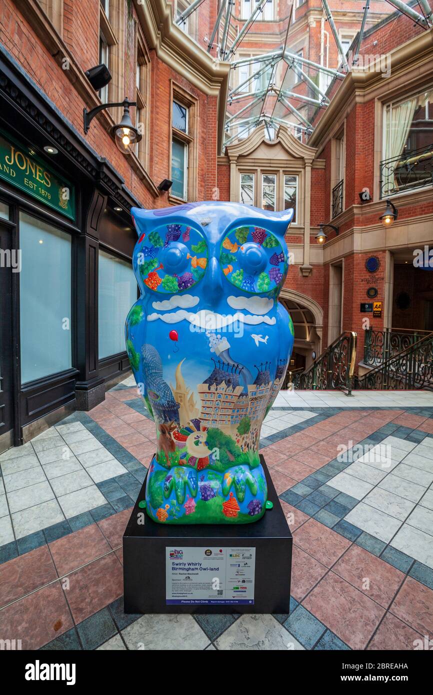 The 'Swirly Whirly Birmingham Owl-land' Owl sculpture inside Burlington Arcade, part of the Big Hoot Birmingham 2015, England Stock Photo