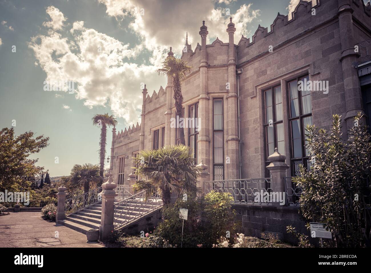 Alupka, Crimea - May 20, 2016: Southern facade of Vorontsov Palace in Crimea, Russia. It is one of the main tourist attractions of Crimea. Vintage vie Stock Photo
