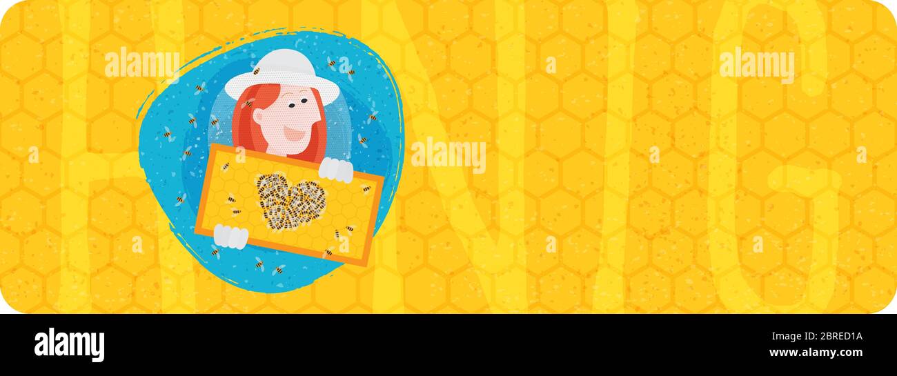 Label for beekeeper, for honey products woman with beekeeping hat and gloves, holding honeycomb. Bees making heart. Text in german honig, in english h Stock Vector