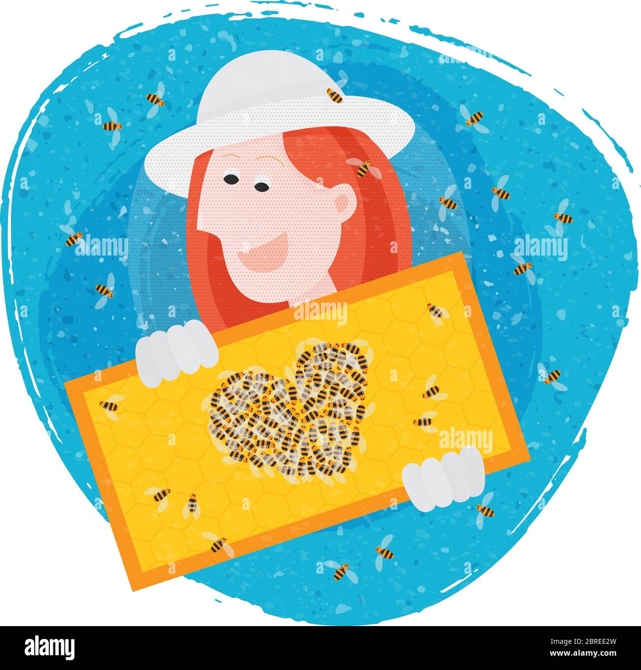 Bees making heart. Woman with beekeeping hat and gloves, holding honeycomb. Stock Vector