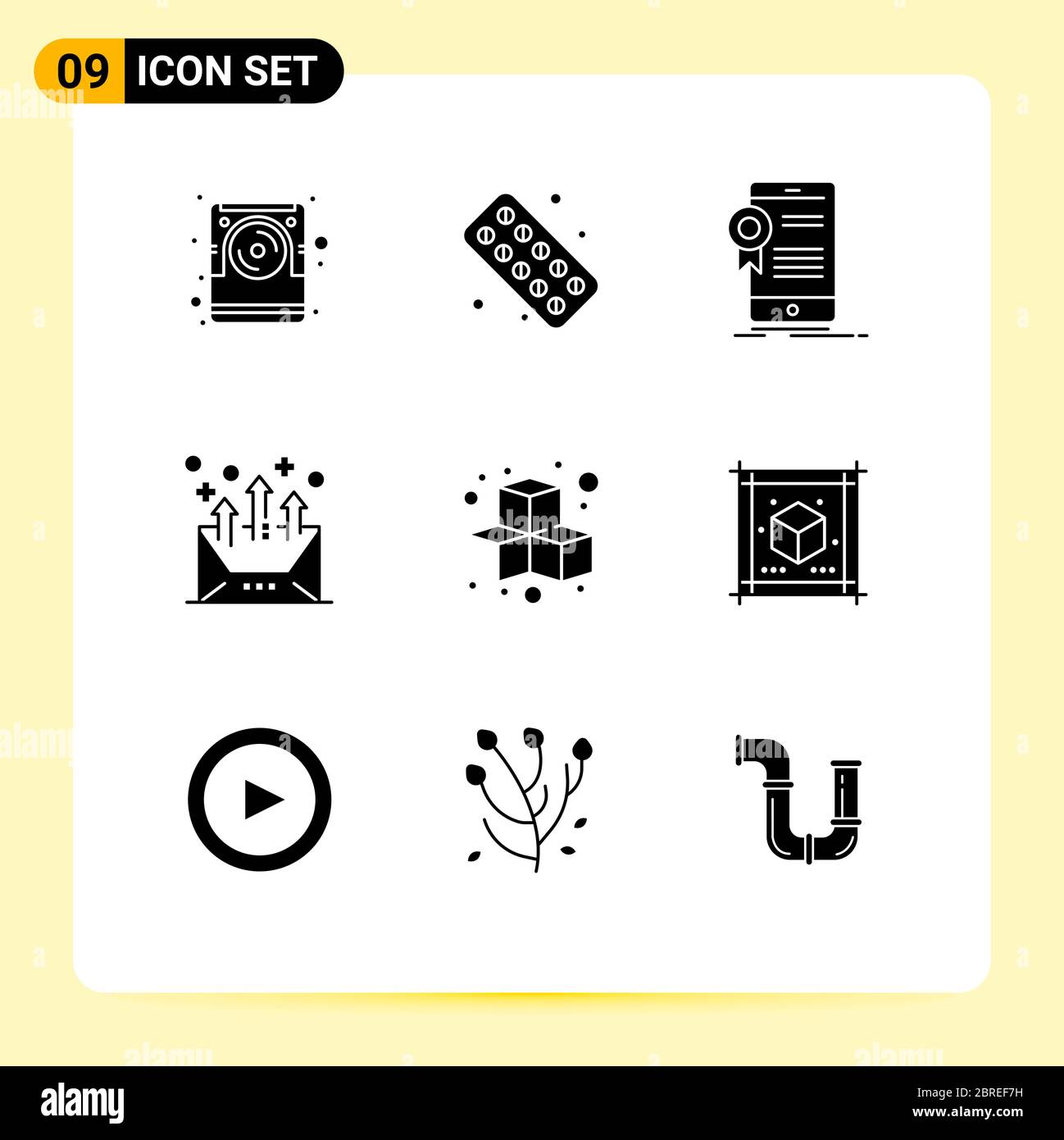 9 Universal Solid Glyphs Set for Web and Mobile Applications letter, communication, certificate, arrow, approval Editable Vector Design Elements Stock Vector
