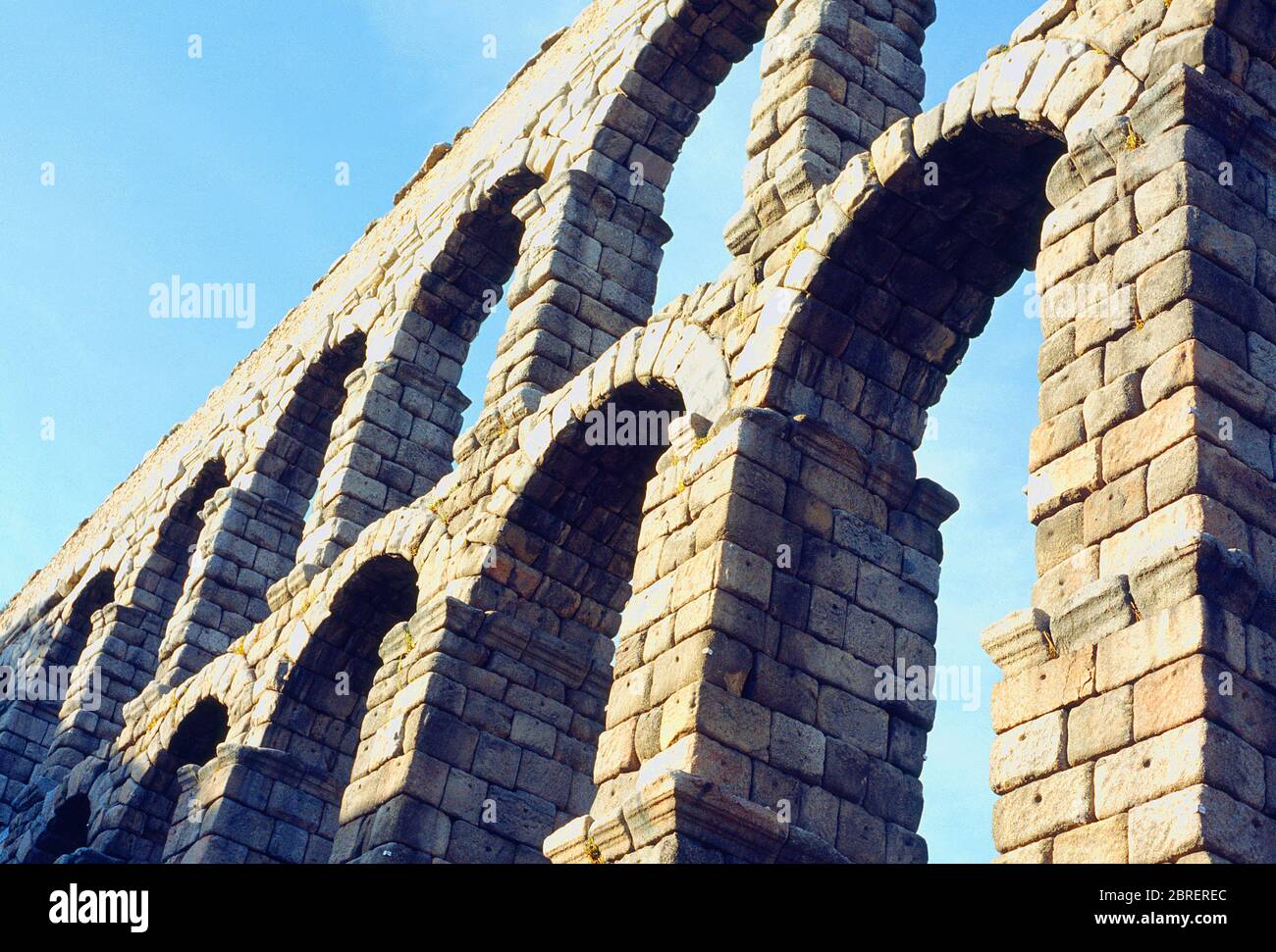Roman aqueduct, view from below. Segovia, Castilla Leon, Spain. Stock Photo