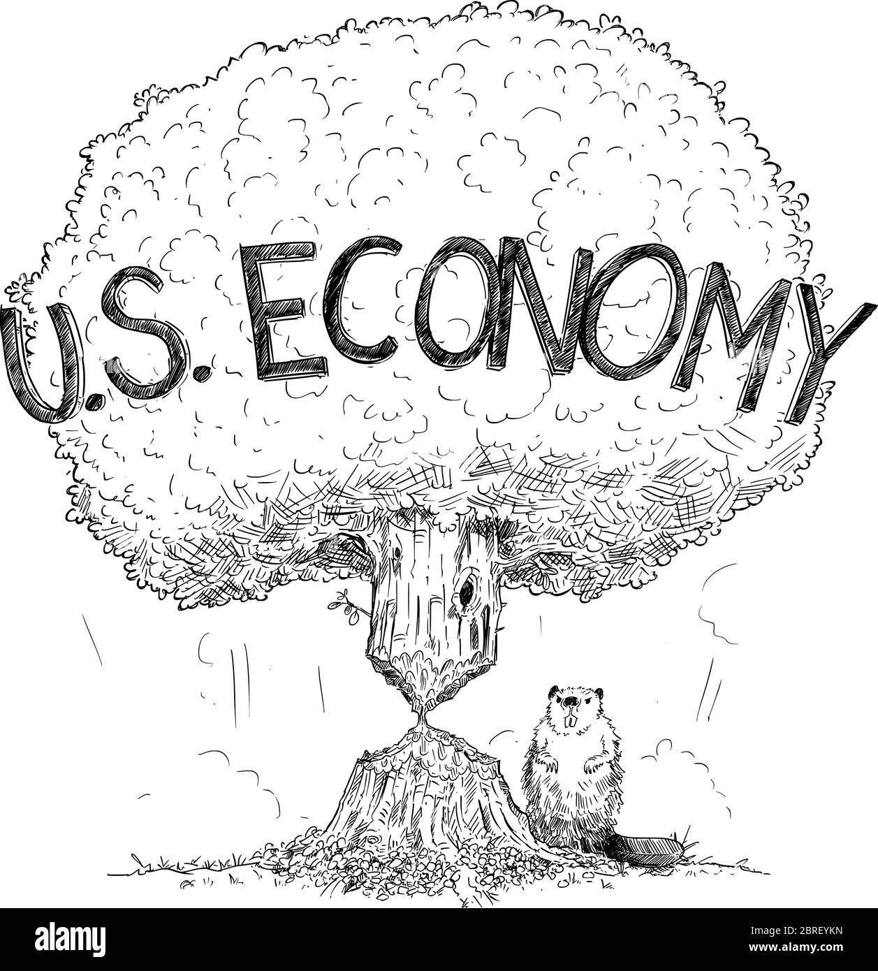 Vector cartoon drawing conceptual illustration of tree representing U.S. economy weakened by crisis as beaver. Concept of financial crisis, debt or coronavirus in United States of America. Stock Vector