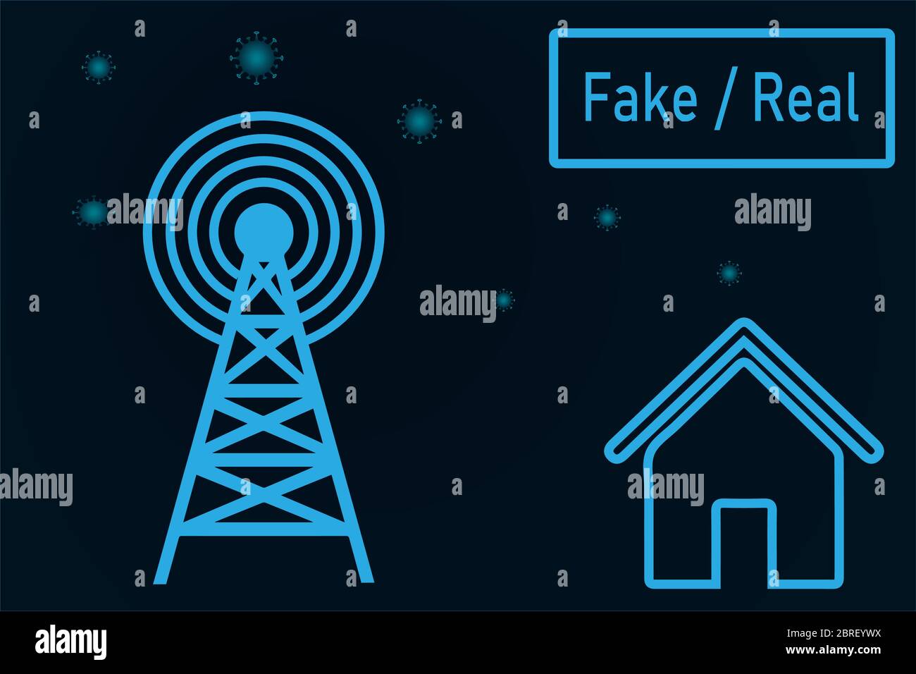 Conceptual vector illustration of the spread of real or fake news about Covid-19.  Tower emits signals worldwide: information or misinformation Stock Vector