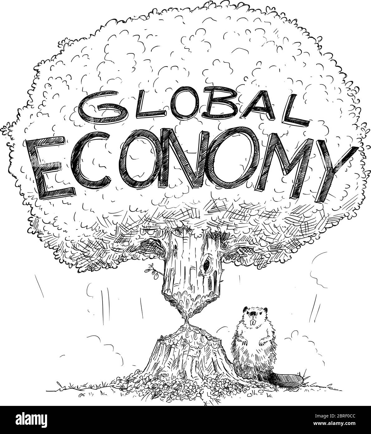 Vector cartoon drawing conceptual illustration of tree representing Global economy weakened by crisis as beaver. Concept of financial crisis, debt or coronavirus in world. Stock Vector