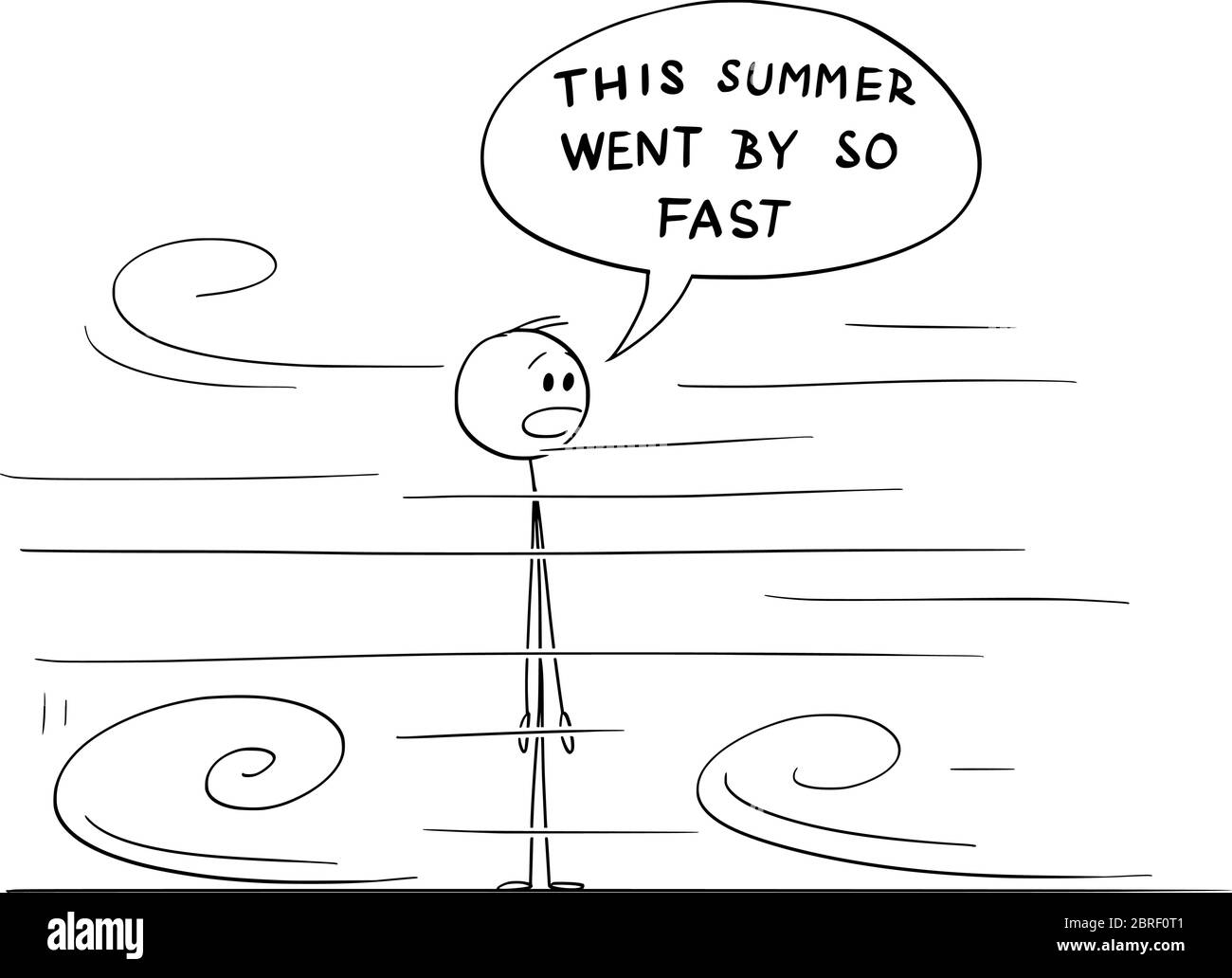 Vector cartoon stick figure drawing conceptual illustration of shocked or surprised man looking at short summer moving very fast around him. He say This summer went by so fast. Stock Vector
