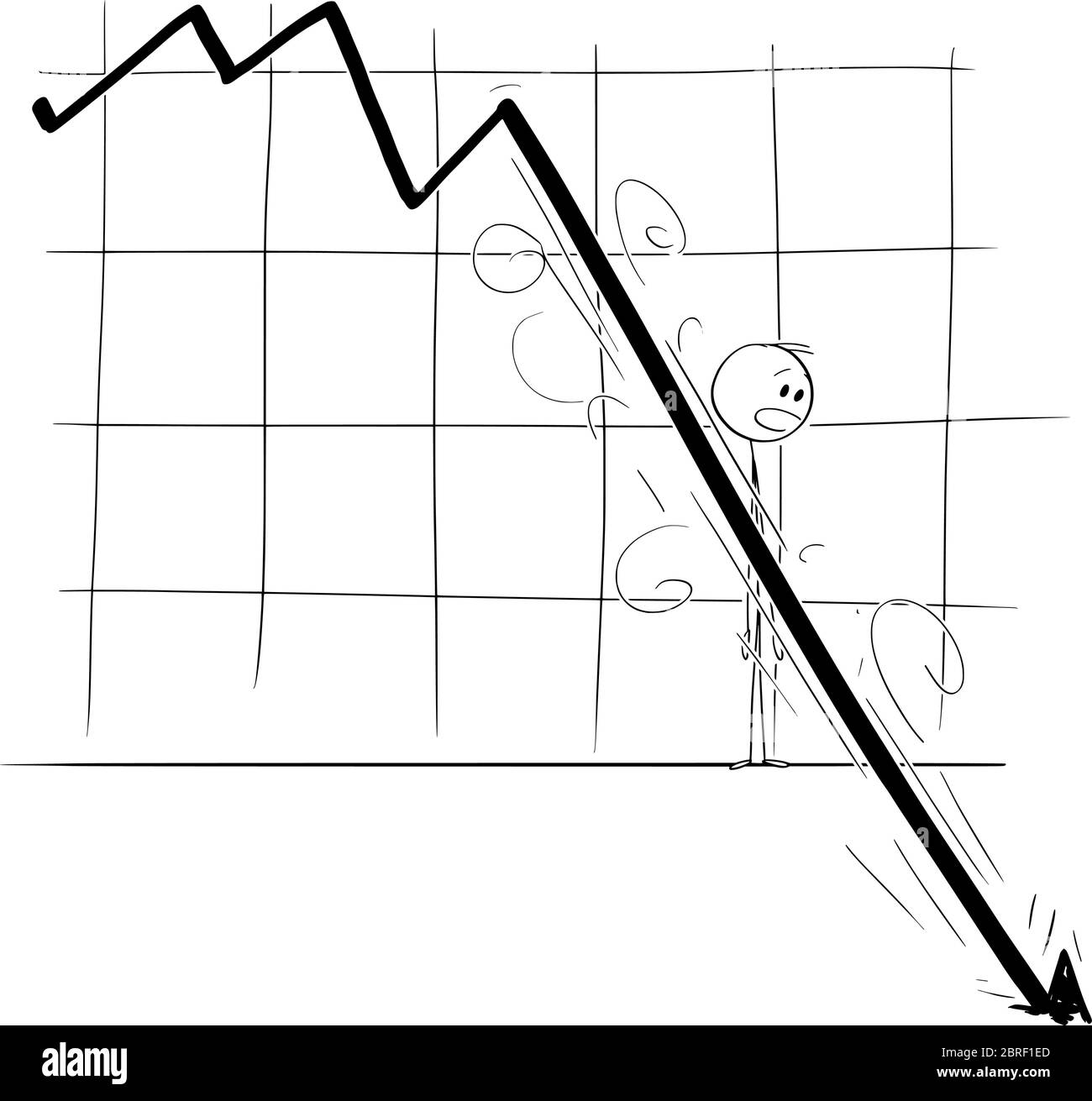 Vector cartoon stick figure drawing conceptual illustration of stock market investor or businessman watching falling financial graph. Concept of depression, recession and crisis. Stock Vector