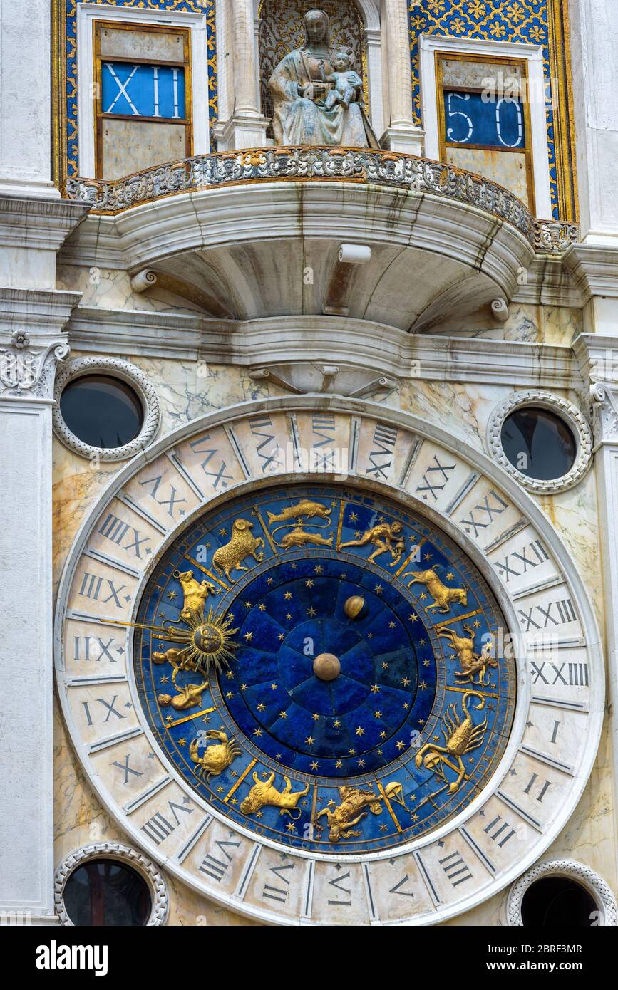 Ancient Clock Tower (Torre dell'Orologio) with Zodiac signs in the St. Mark's Square in Venice, Italy Stock Photo