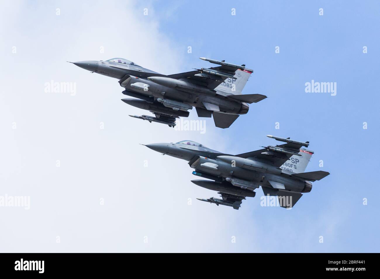 F-16 Fighting Falcon pair over flying Fairford in Gloucestershire in July 2017. Stock Photo