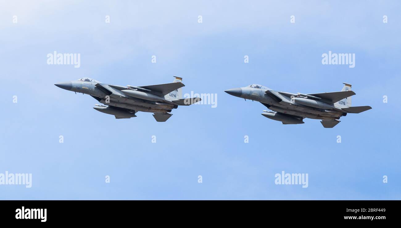 Two F-15C Eagles overflying the runway at Fairdford in Gloucestershire in July 2017. Stock Photo