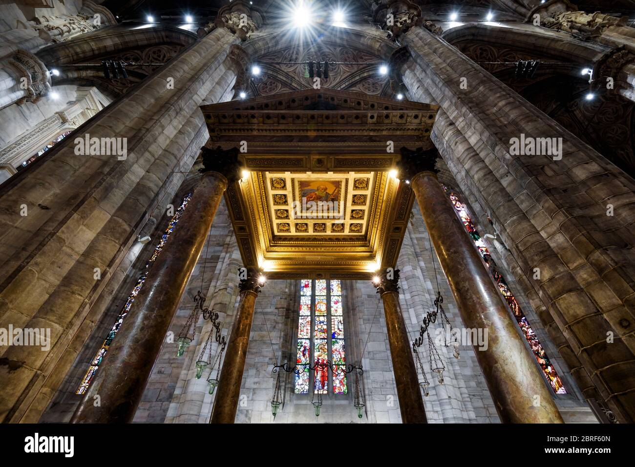 Milan, Italy - May 16, 2017: Interior of the Milan Cathedral (Duomo di Milano). Detail of Baptistery. Milan Duomo is the largest church in Italy and t Stock Photo