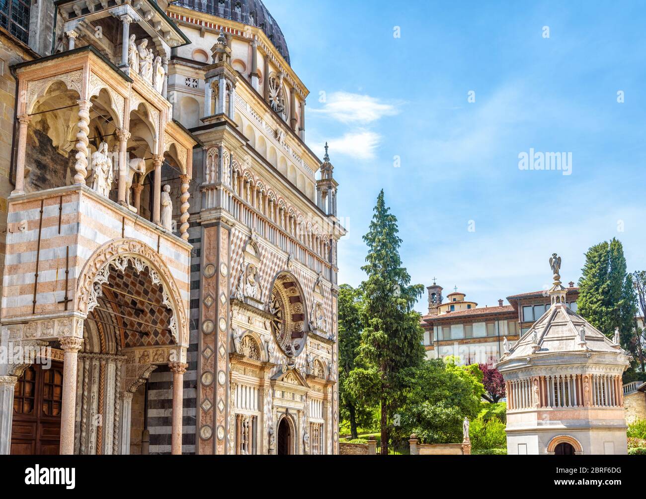 Basilica of Santa Maria Maggiore in Citta Alta of Bergamo, Italy. Ornate medieval church with luxury facade is a landmark of Bergamo. Historical archi Stock Photo