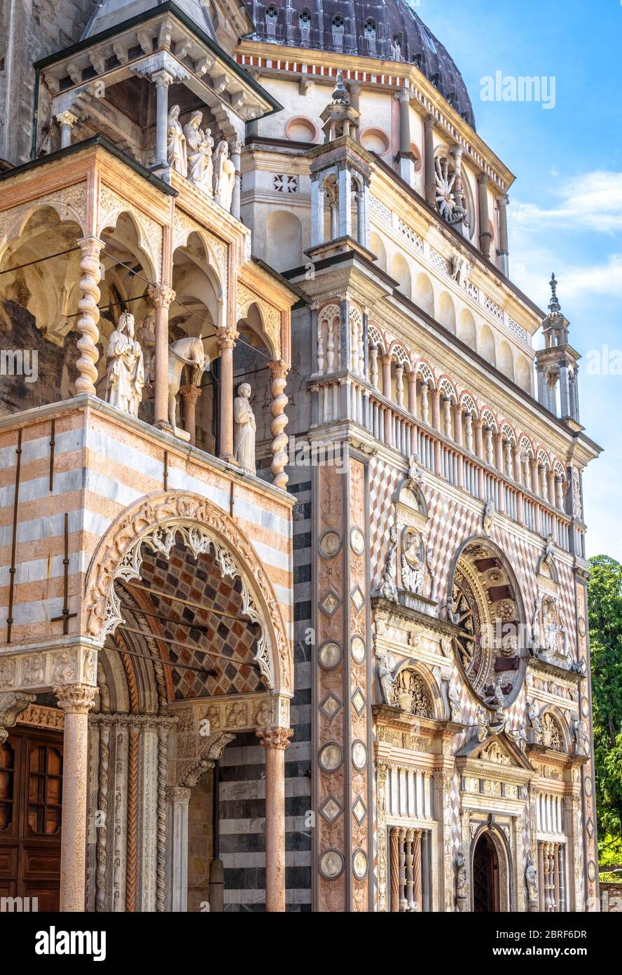 Basilica of Santa Maria Maggiore in Citta Alta of Bergamo, Italy. Ornate medieval church with luxury facade is a landmark of Bergamo. Historical archi Stock Photo