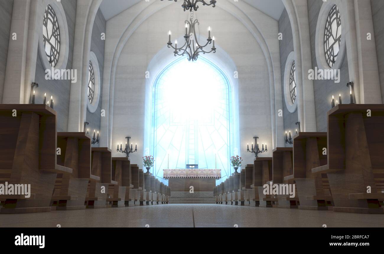 Light In A Church A light church interior lit by suns rays through a crucifix stained ...