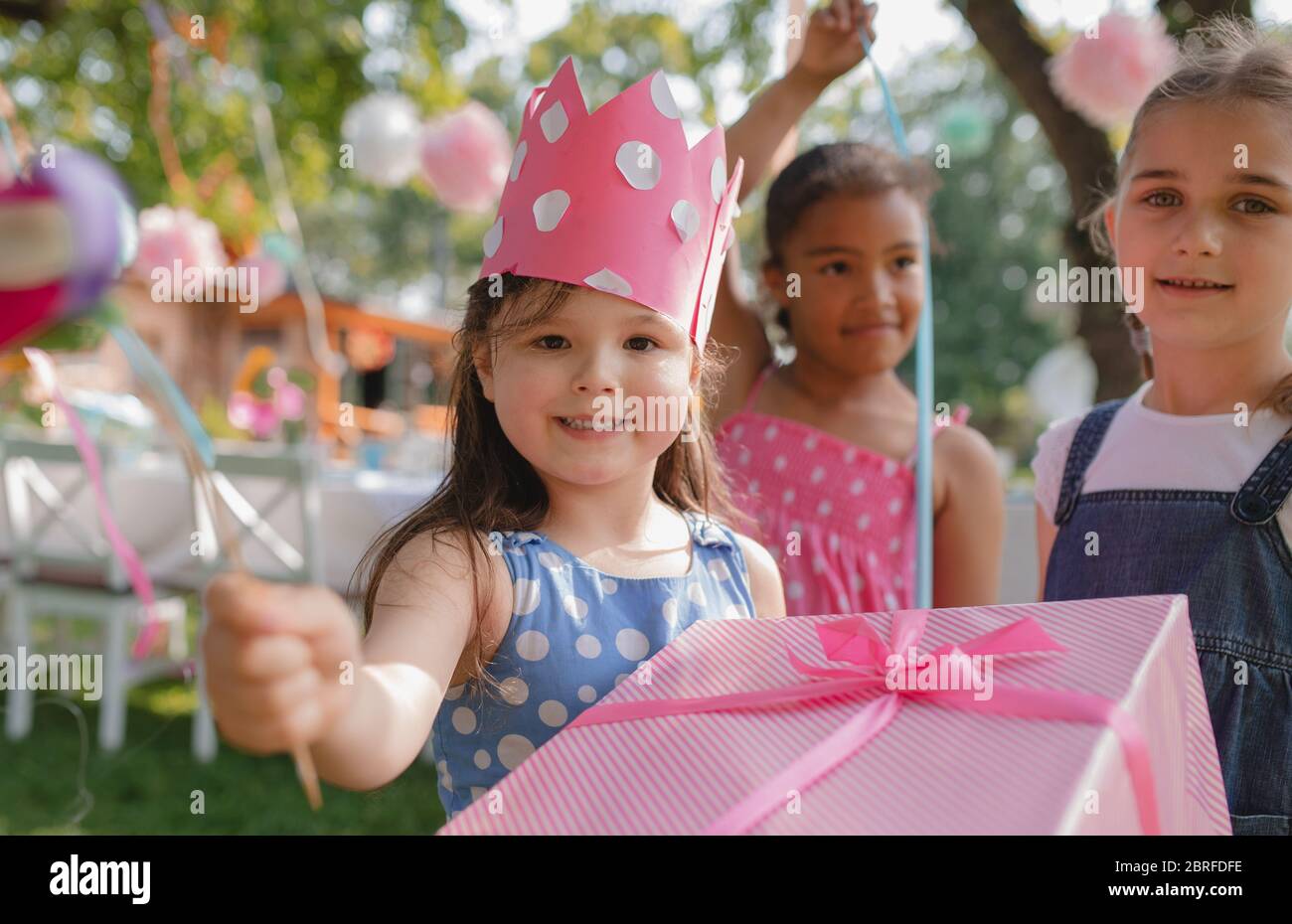 Portrait of small girl with friends and present outdoors in garden in summer. Stock Photo