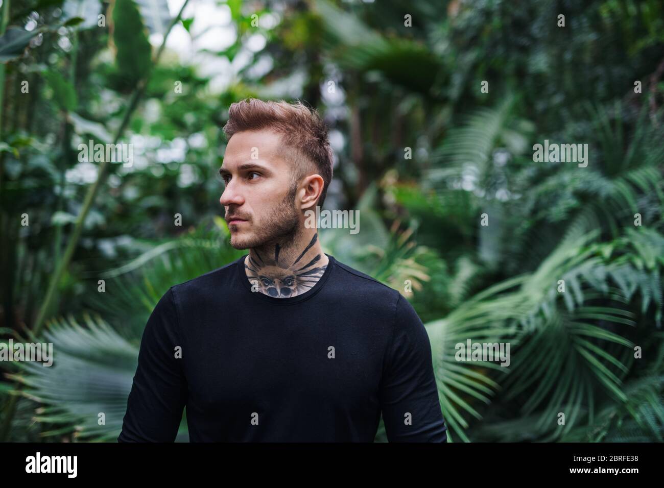Young man standing in botanical garden. Copy space. Stock Photo
