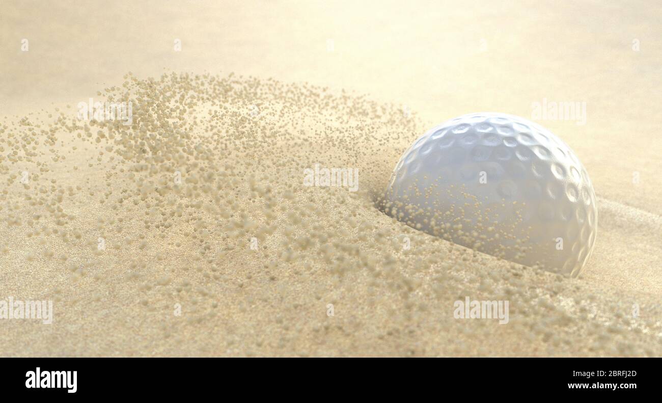 An extreme action close up of a golf ball impacting sand in a bunker and spraying grains of sand  - 3D render Stock Photo