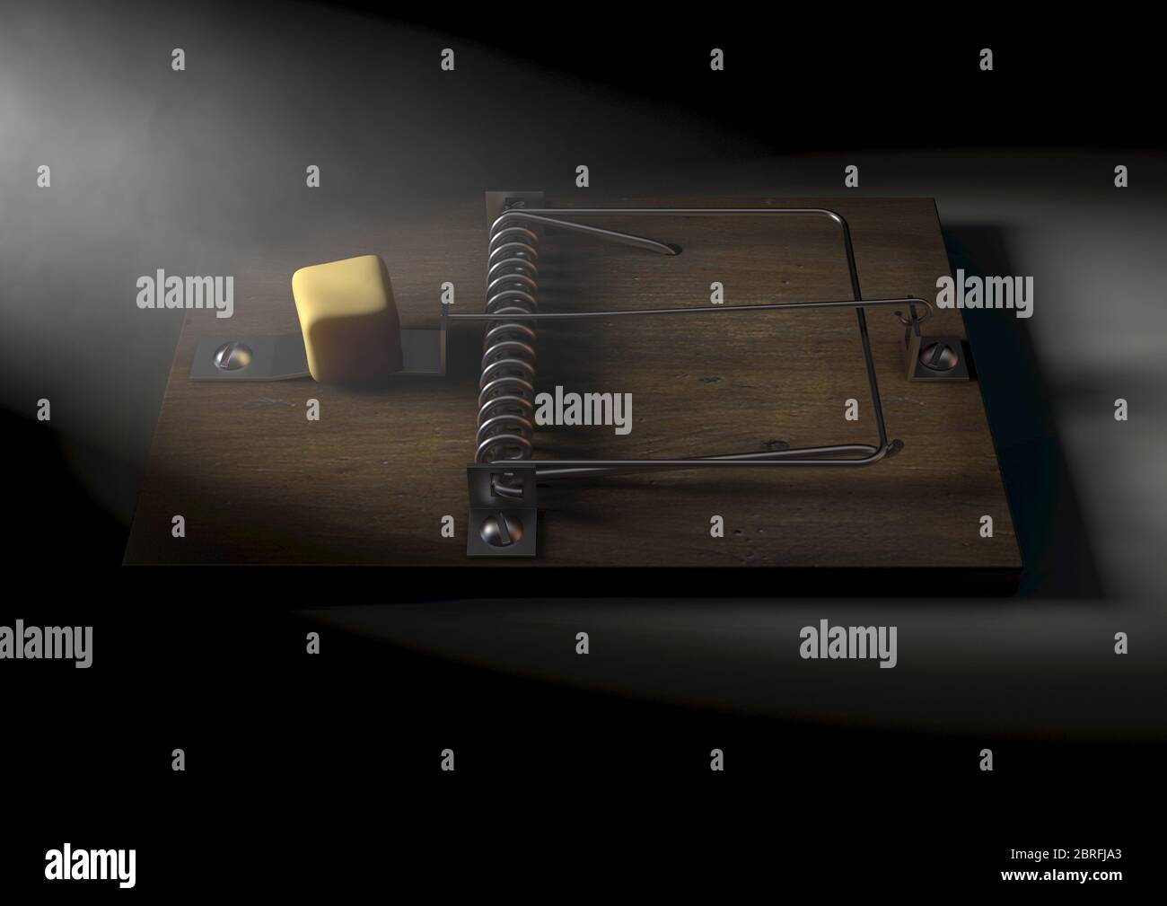 A regular wood and metal mousetrap baited with a block of cheese on a dark spotlit background - 3D render Stock Photo