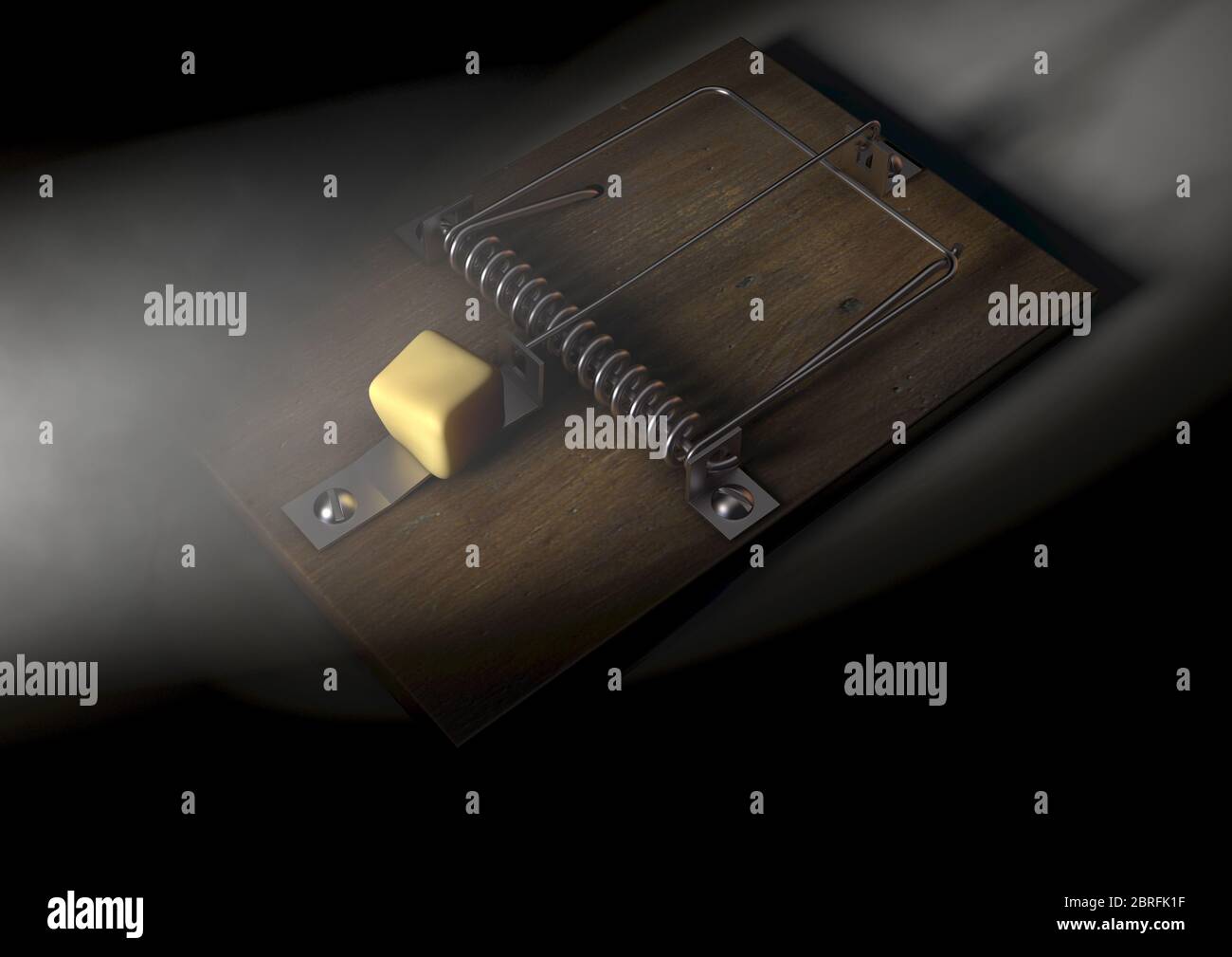 A regular wood and metal mousetrap baited with a block of cheese on a dark spotlit background - 3D render Stock Photo