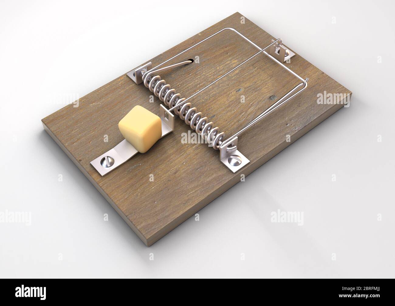 A regular wood and metal mousetrap baited with a block of cheese on a white isolated studio background - 3D render Stock Photo