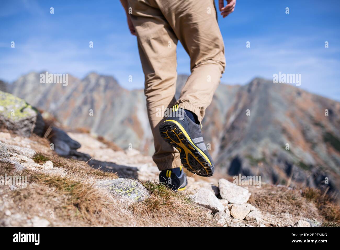 Legs of unrecognizable hiking in mountains in summer. Stock Photo