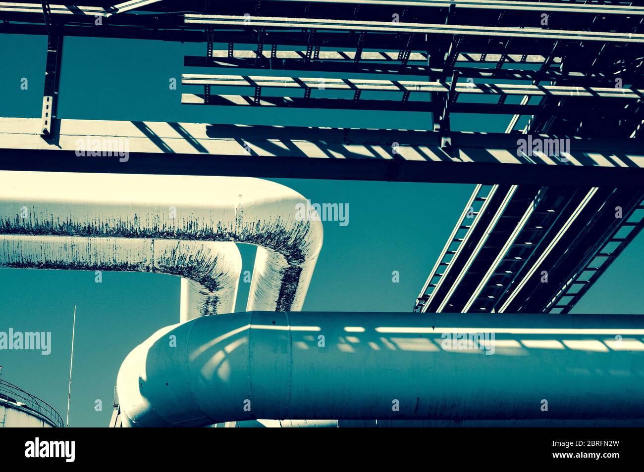 Pipeline and pipe rack of petroleum industrial plant. Offshore Industry oil and gas production