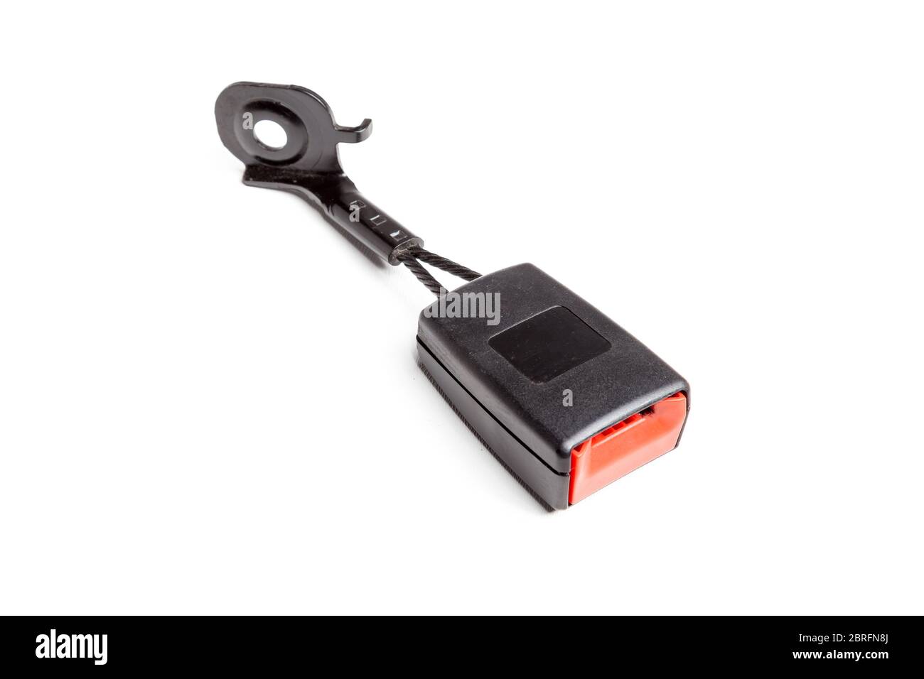 A plastic case with a metal holder for a car seat belt lock with three  fastening points in black with a red unlock button. Spare part for  replacement Stock Photo - Alamy