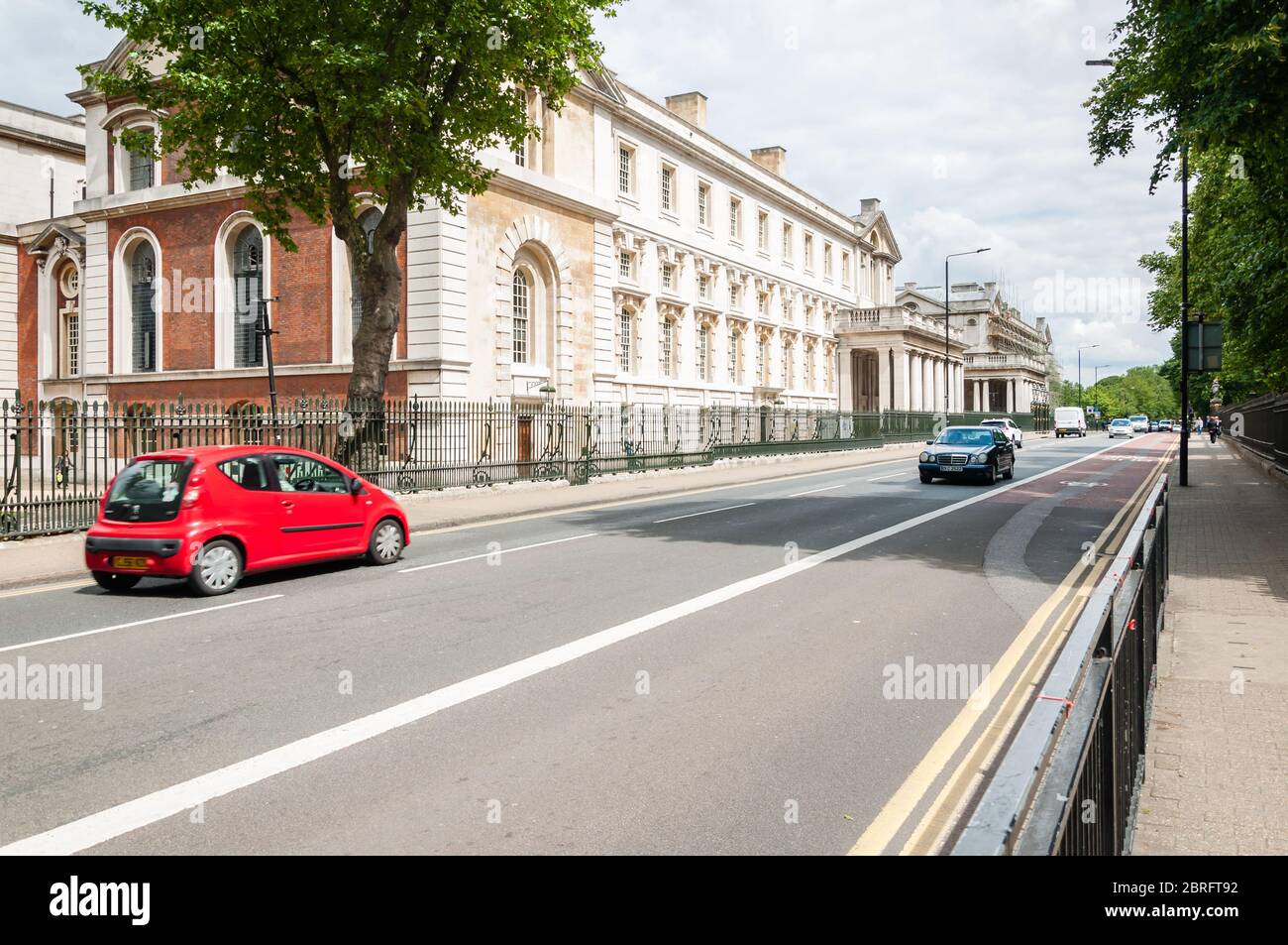 Trafalgar Road Greenwich University detail blue sky summer trees Stock Photo