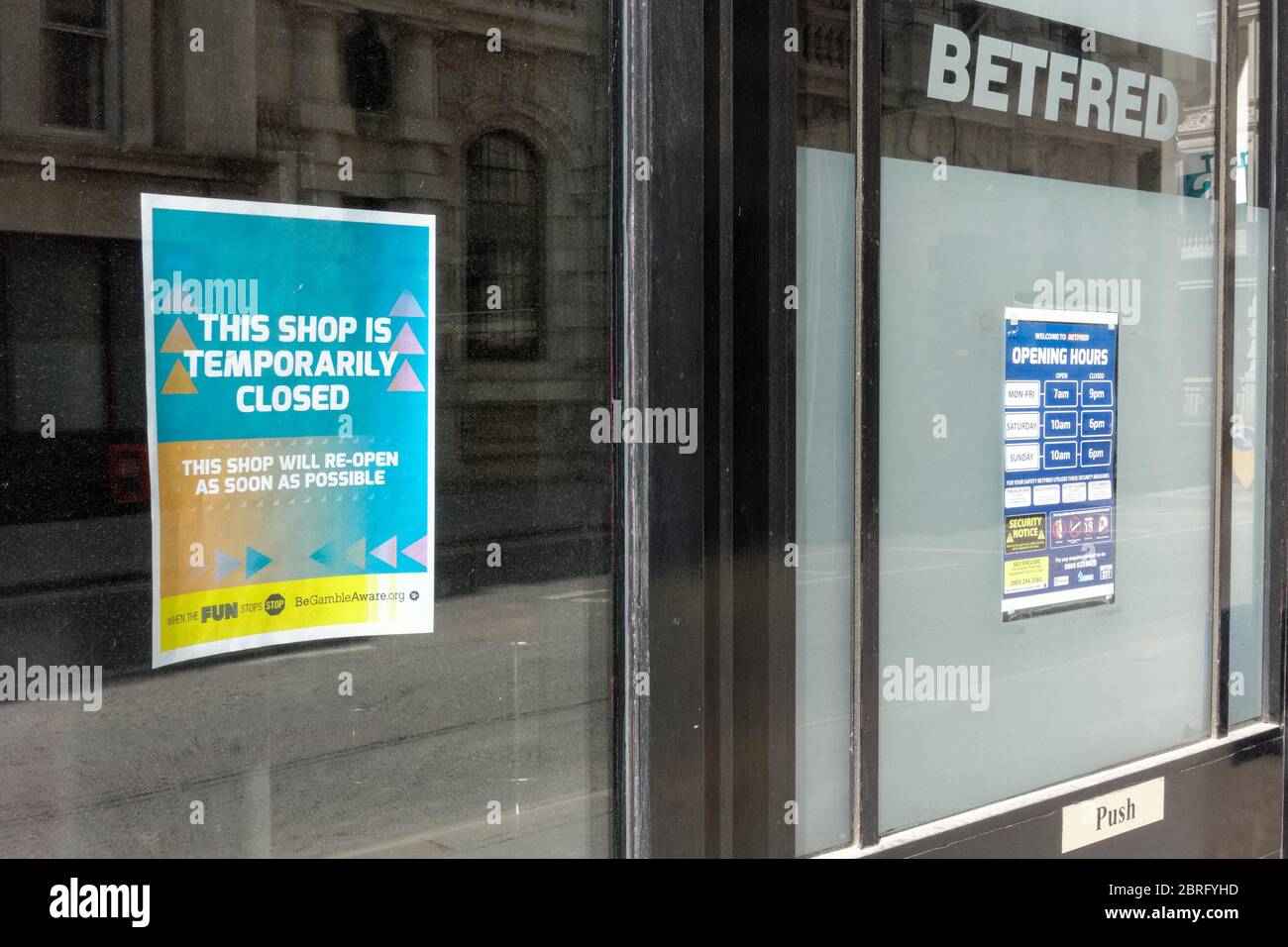 Shop notice for customers on Betfred betting shop, temporarily closed due to coronavirus lockdown, London England UK Stock Photo