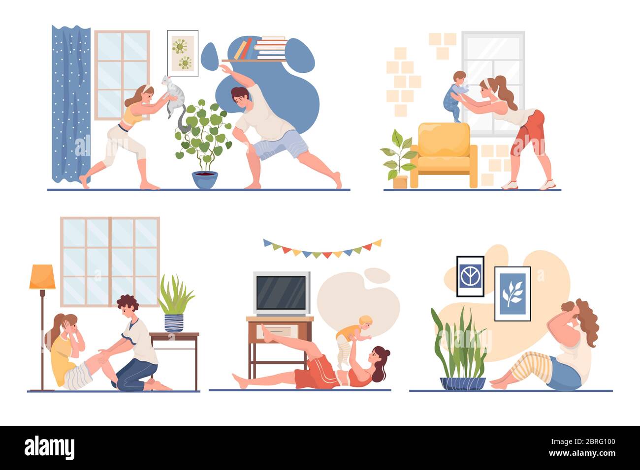 https://c8.alamy.com/comp/2BRG100/happy-young-men-and-women-doing-sport-at-home-vector-flat-illustration-fitness-workout-in-the-living-room-during-coronavirus-outbreak-stay-home-and-do-yoga-healthy-lifestyle-concept-2BRG100.jpg