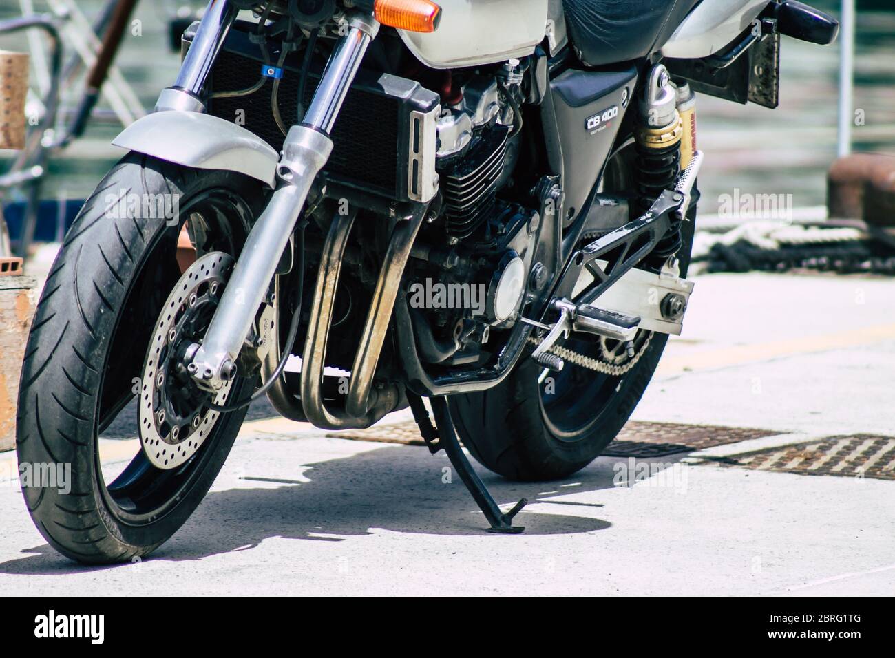 Limassol Cyprus May 21 2020 Closeup Of A Motorcycle Parked In The limassol-cyprus-may-21-2020-closeup-of-a-motorcycle-parked-in-the