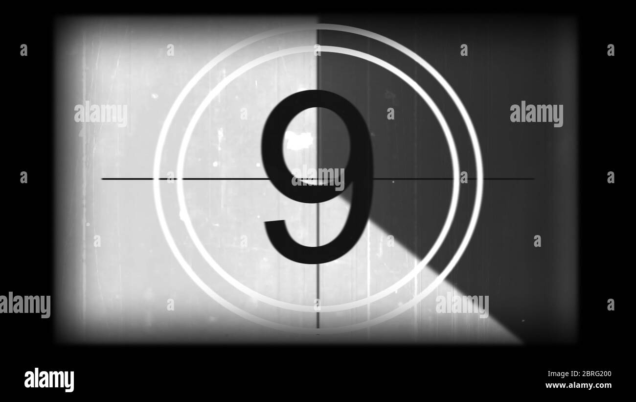 3D rendering of a monochrome universal countdown film leader. Countdown clock from 10 to 0