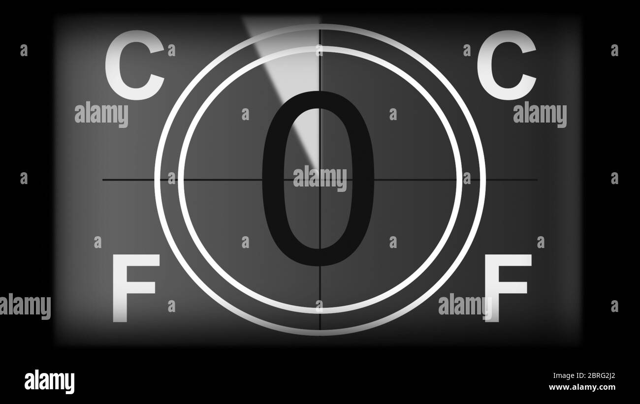 3D rendering of a monochrome universal countdown film leader. Countdown clock from 10 to 0