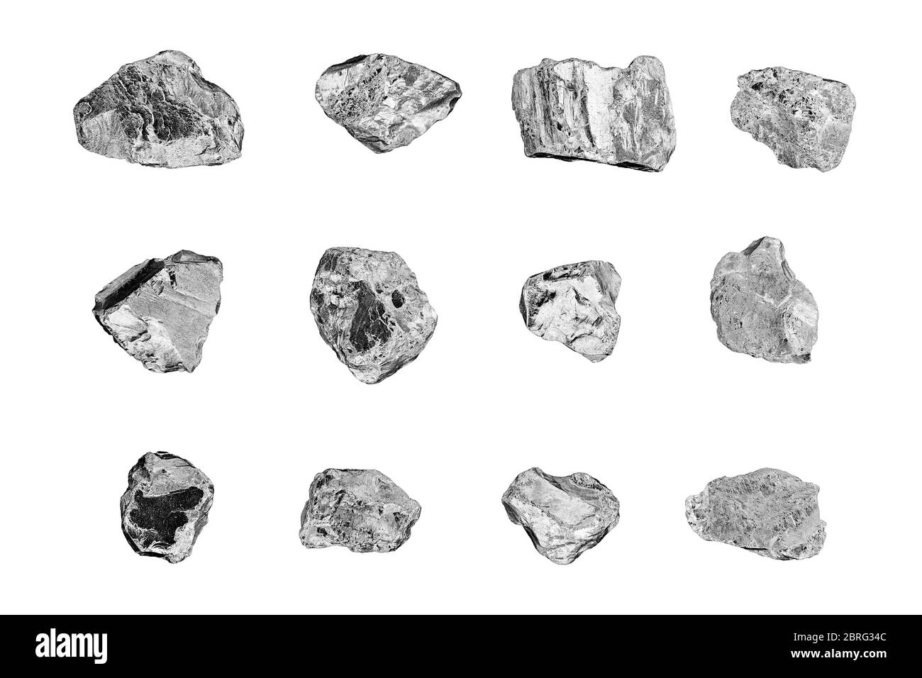Silver stones set white background isolated closeup, iron mine nugget collection, gray metallic rock samples texture, metal ore pieces, rough rubbles Stock Photo
