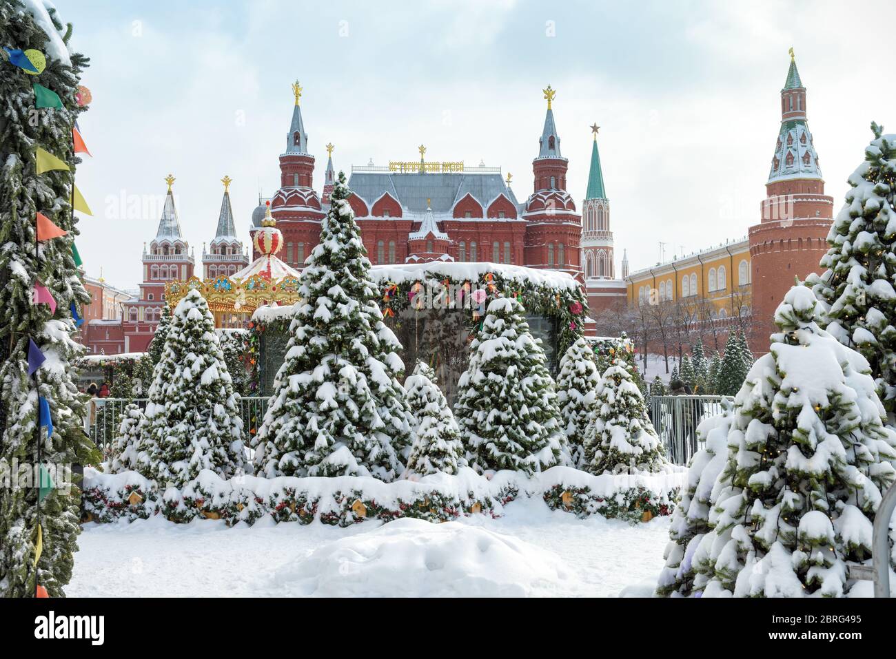 State Historical Museum and Moscow Kremlin on the Red Square in the winter, Russia. The Red Square is the main tourist attraction of Moscow. Stock Photo